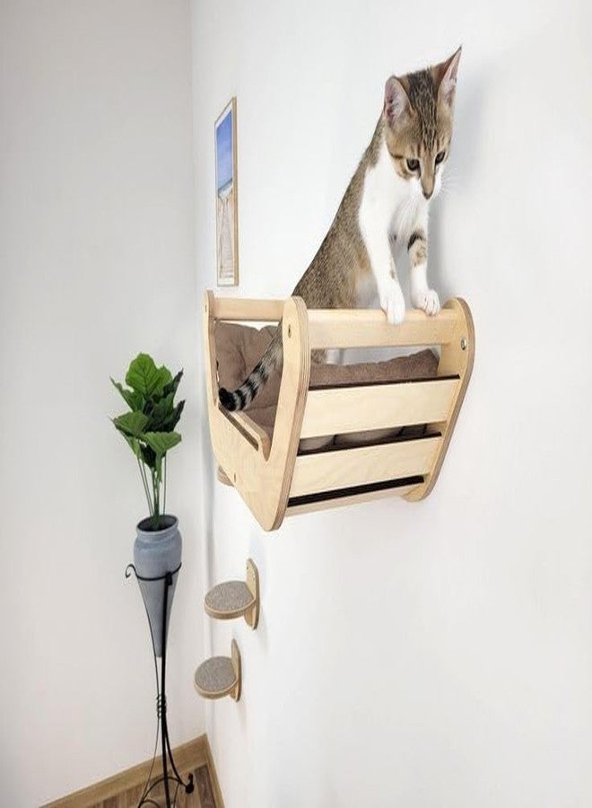 Keebori Wall Mounted Wooden Cat Bed with Soft Cushion and 3 Climbing Steps Space-Saving Modern Cat Hammock Lounge Shelf for Indoor Cats Natural Birch by KEEBORI (Beige) - Image 5